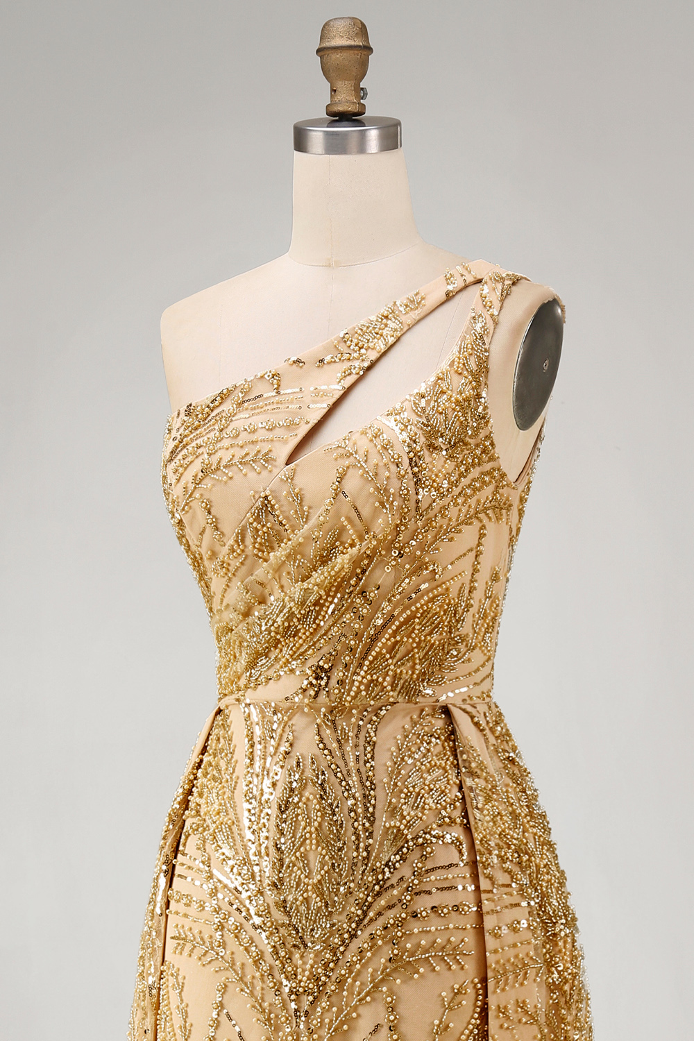 Ruched A Line One Shoulder Sparkly Golden Long Beaded Prom Dress with Cape