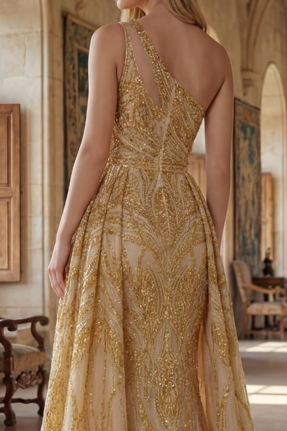 Ruched A Line One Shoulder Sparkly Golden Long Beaded Prom Dress with Cape