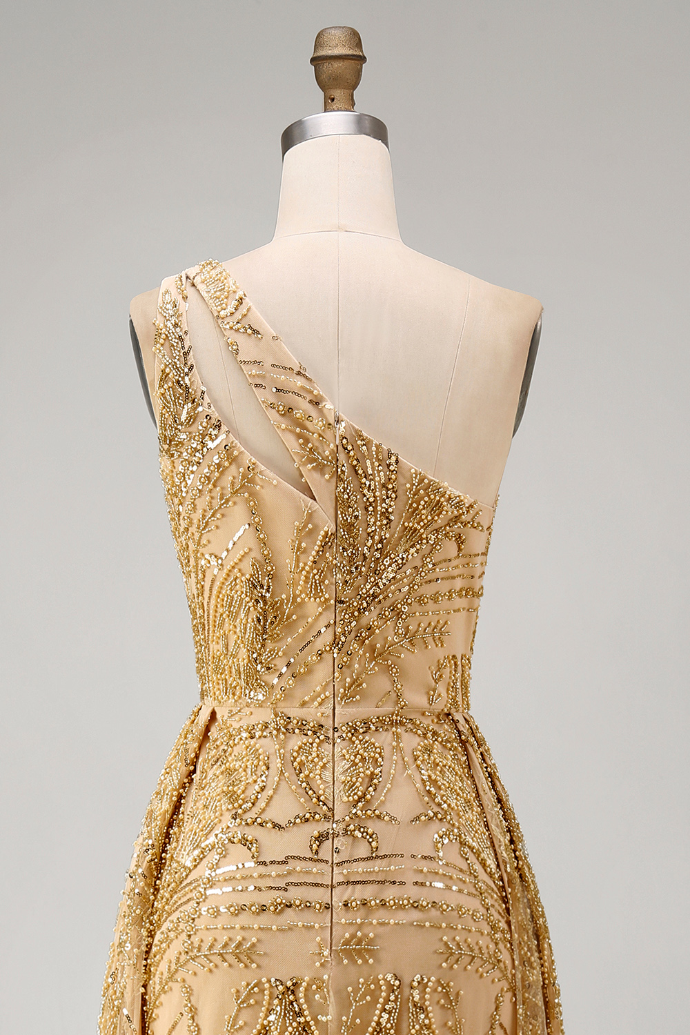 Ruched A Line One Shoulder Sparkly Golden Long Beaded Prom Dress with Cape