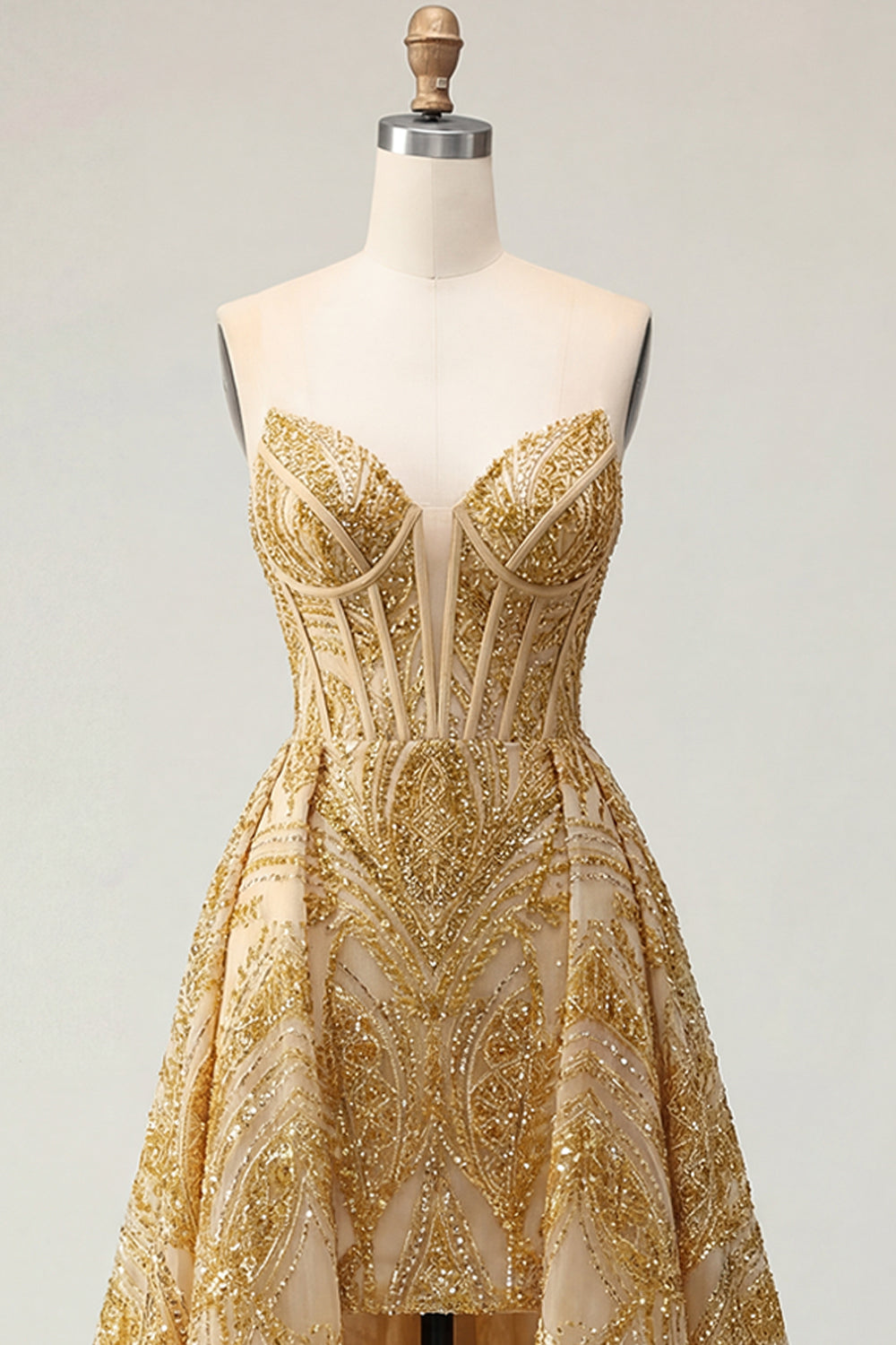 A Line Corset Sparkly Golden High Low Beaded Prom Dress with Cape