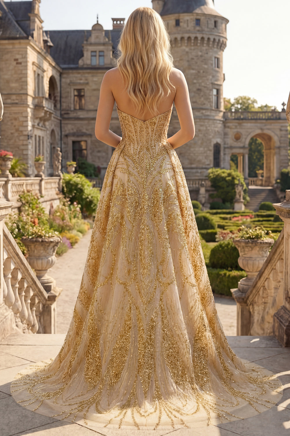 A Line Corset Sparkly Golden High Low Beaded Prom Dress with Cape