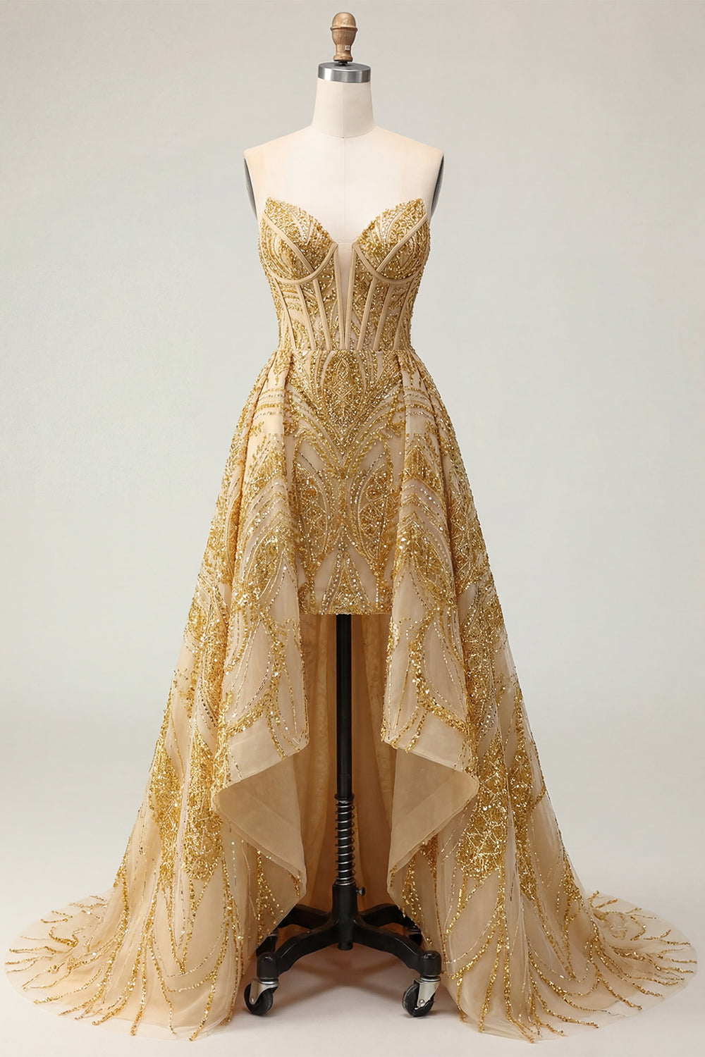 A Line Corset Sparkly Golden High Low Beaded Prom Dress with Cape