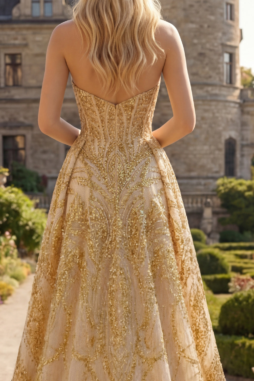 A Line Corset Sparkly Golden High Low Beaded Prom Dress with Cape