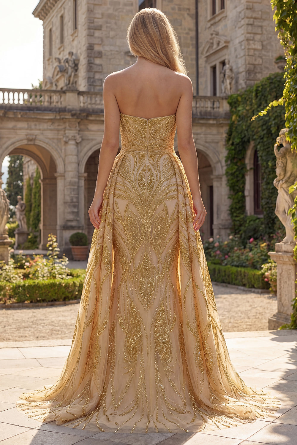 Beaded  Ruched Strapless Mermaid Sparkly Golden Long Prom Dress with Cape