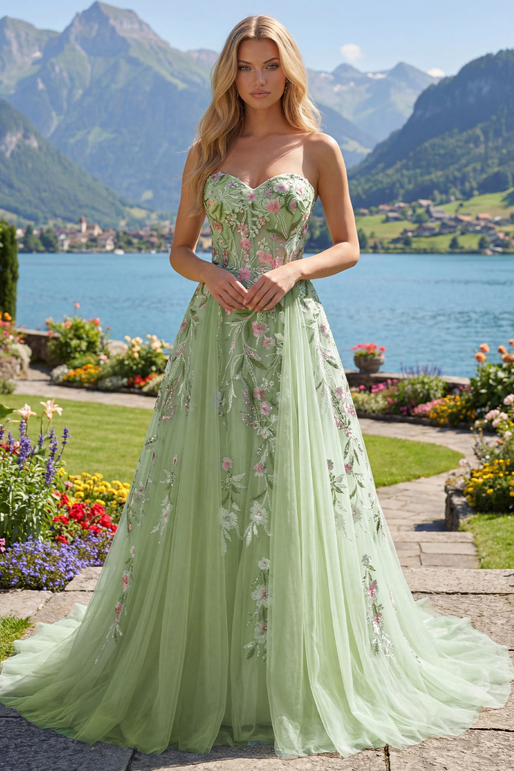 A Line Floral Strapless Corset Green Long Beaded Prom Dress