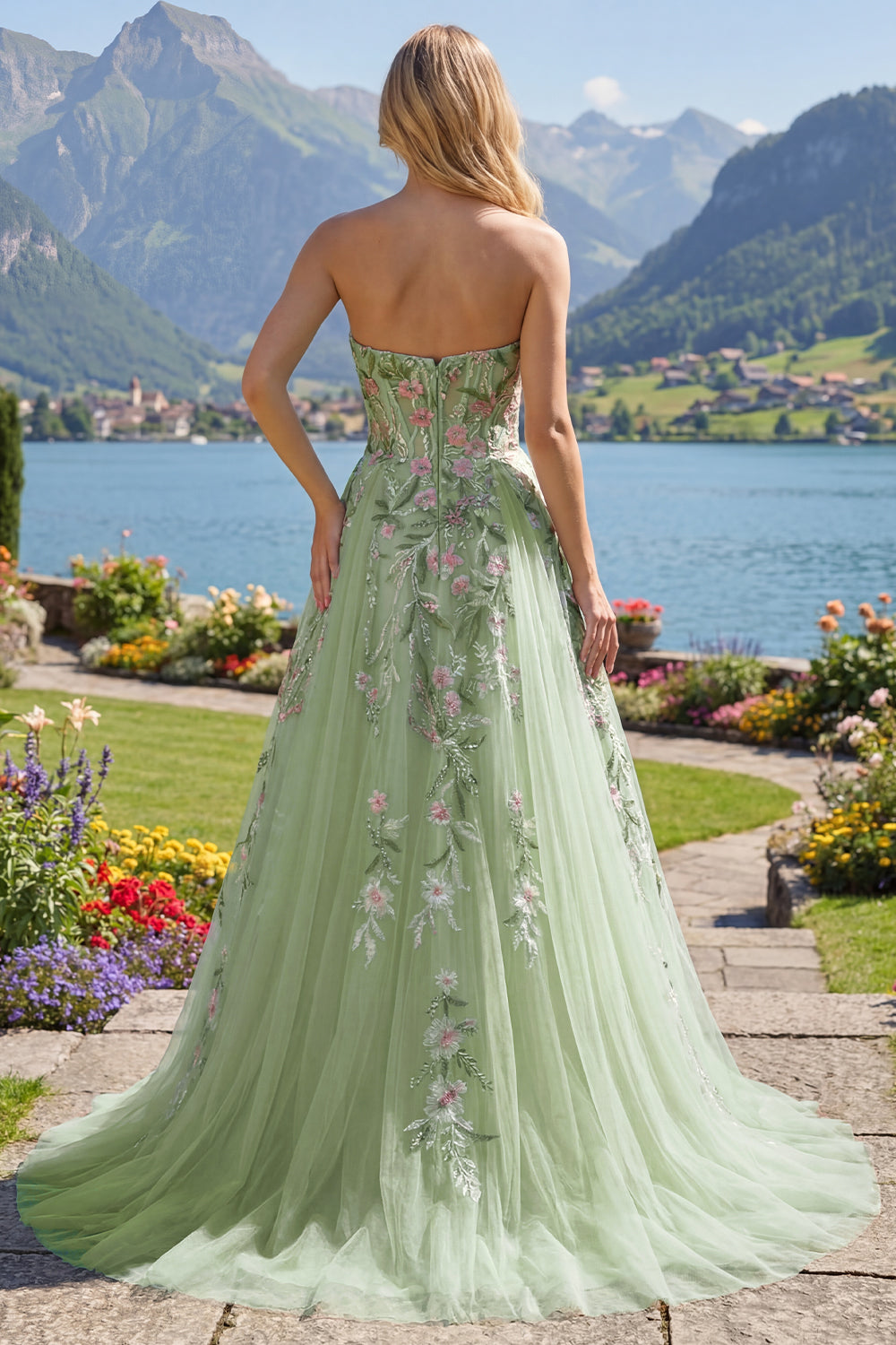 A Line Floral Strapless Corset Green Long Beaded Prom Dress