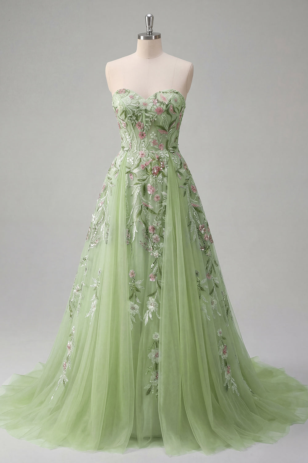 A Line Floral Strapless Corset Green Long Beaded Prom Dress