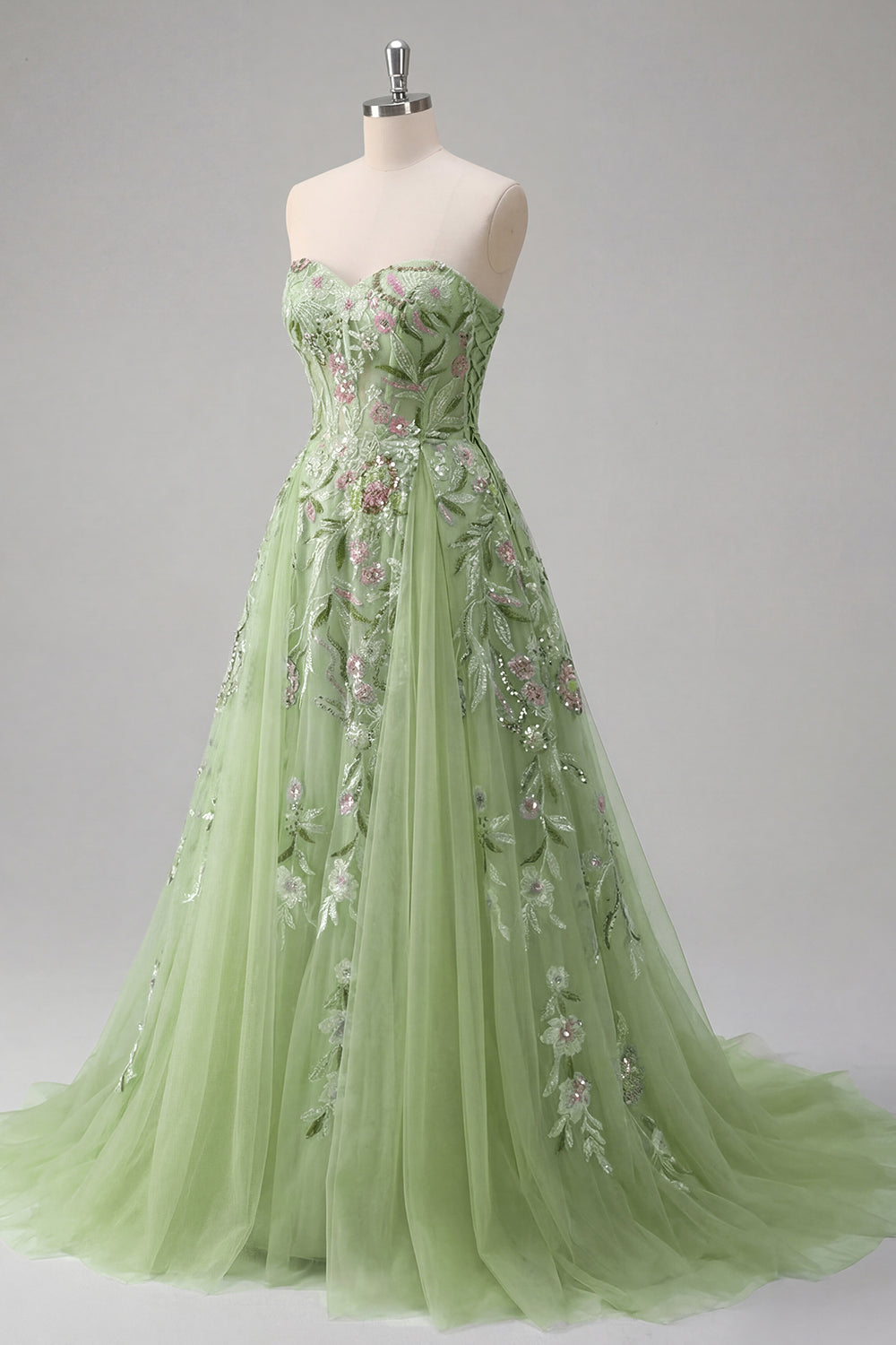 A Line Floral Strapless Corset Green Long Beaded Prom Dress