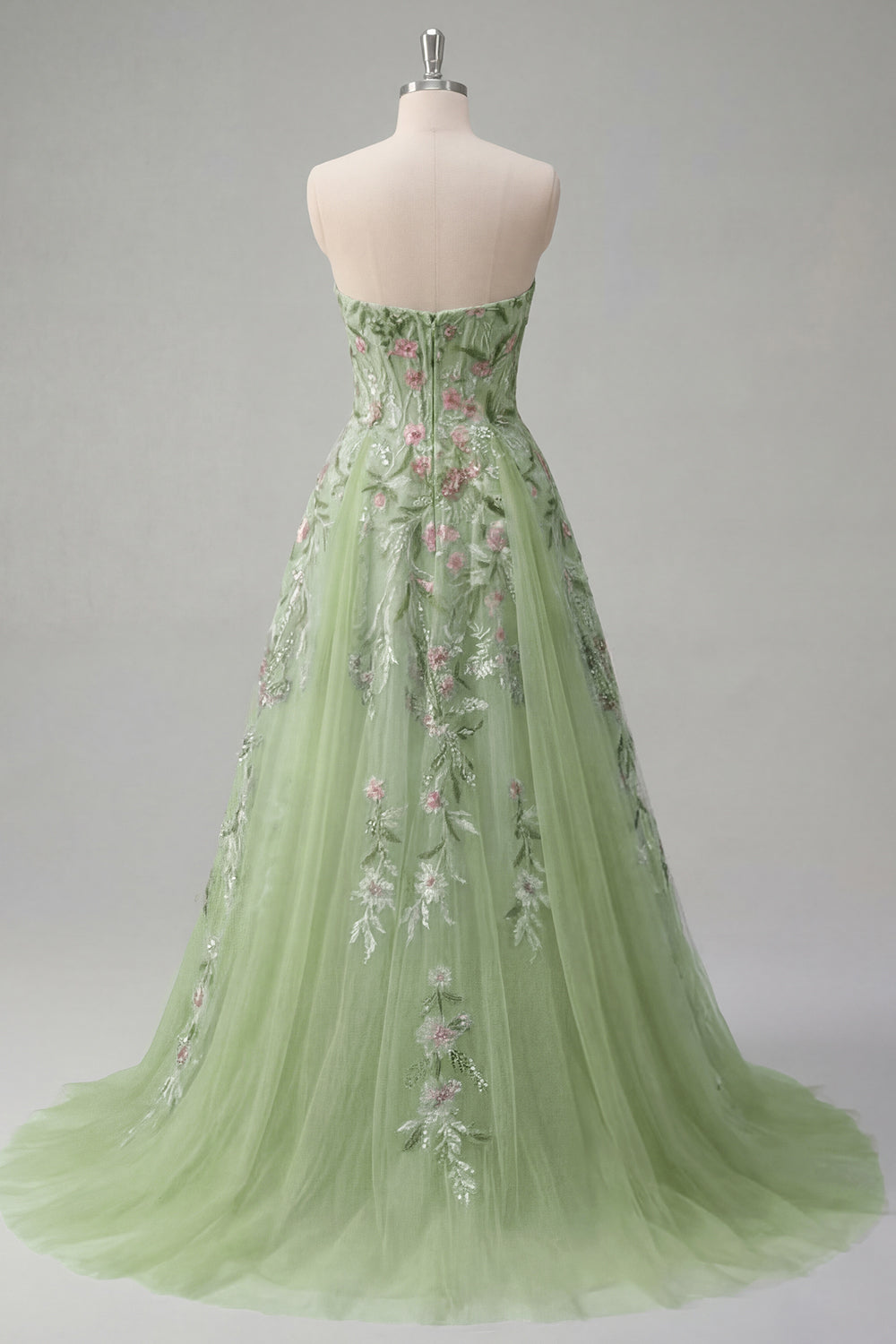 A Line Floral Strapless Corset Green Long Beaded Prom Dress