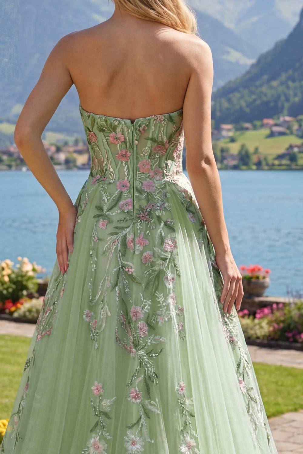 A Line Floral Strapless Corset Green Long Beaded Prom Dress