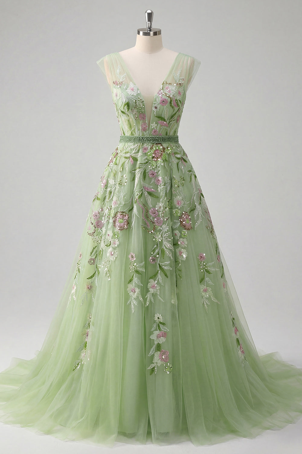 Floral V-Neck Green Long A Line Prom Dress with Beading