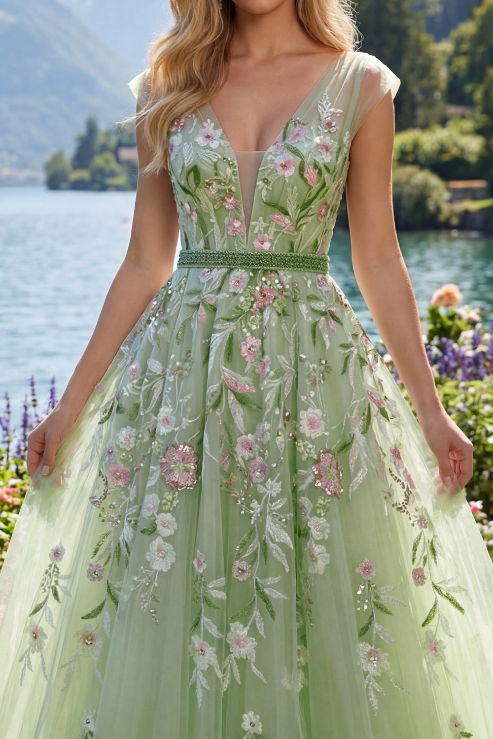 Floral V-Neck Green Long A Line Prom Dress with Beading
