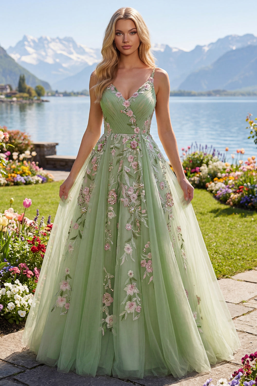 Ruched V-Neck Floral Green Long A Line Prom Dress with Beading
