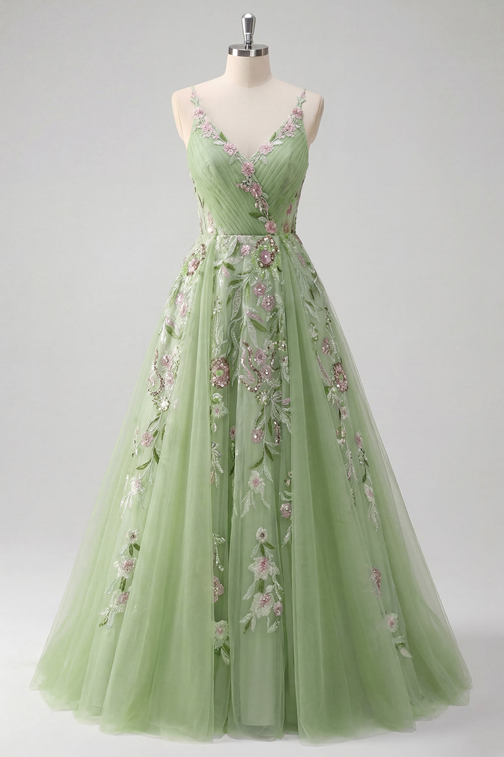 Ruched V-Neck Floral Green Long A Line Prom Dress with Beading