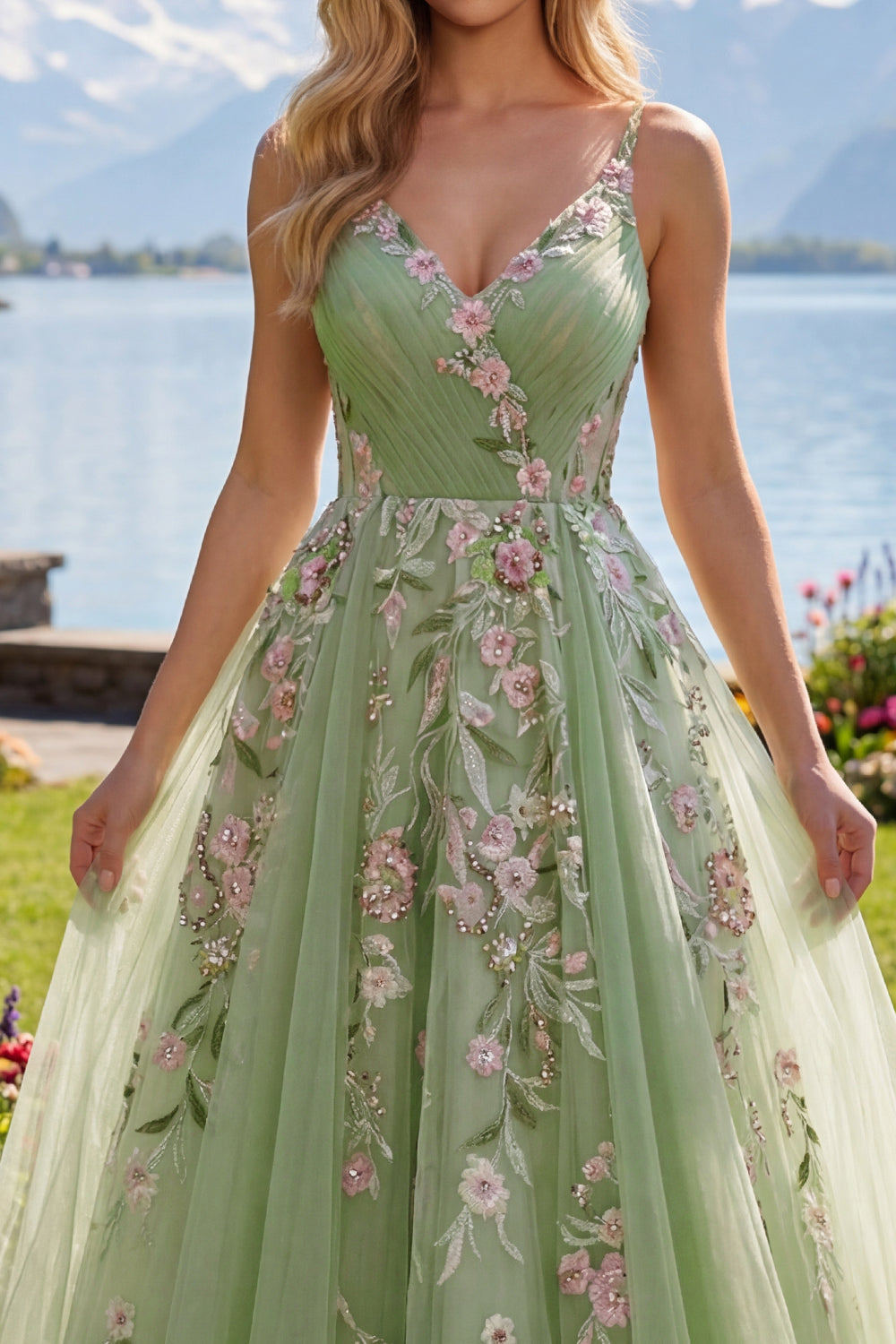 Ruched V-Neck Floral Green Long A Line Prom Dress with Beading