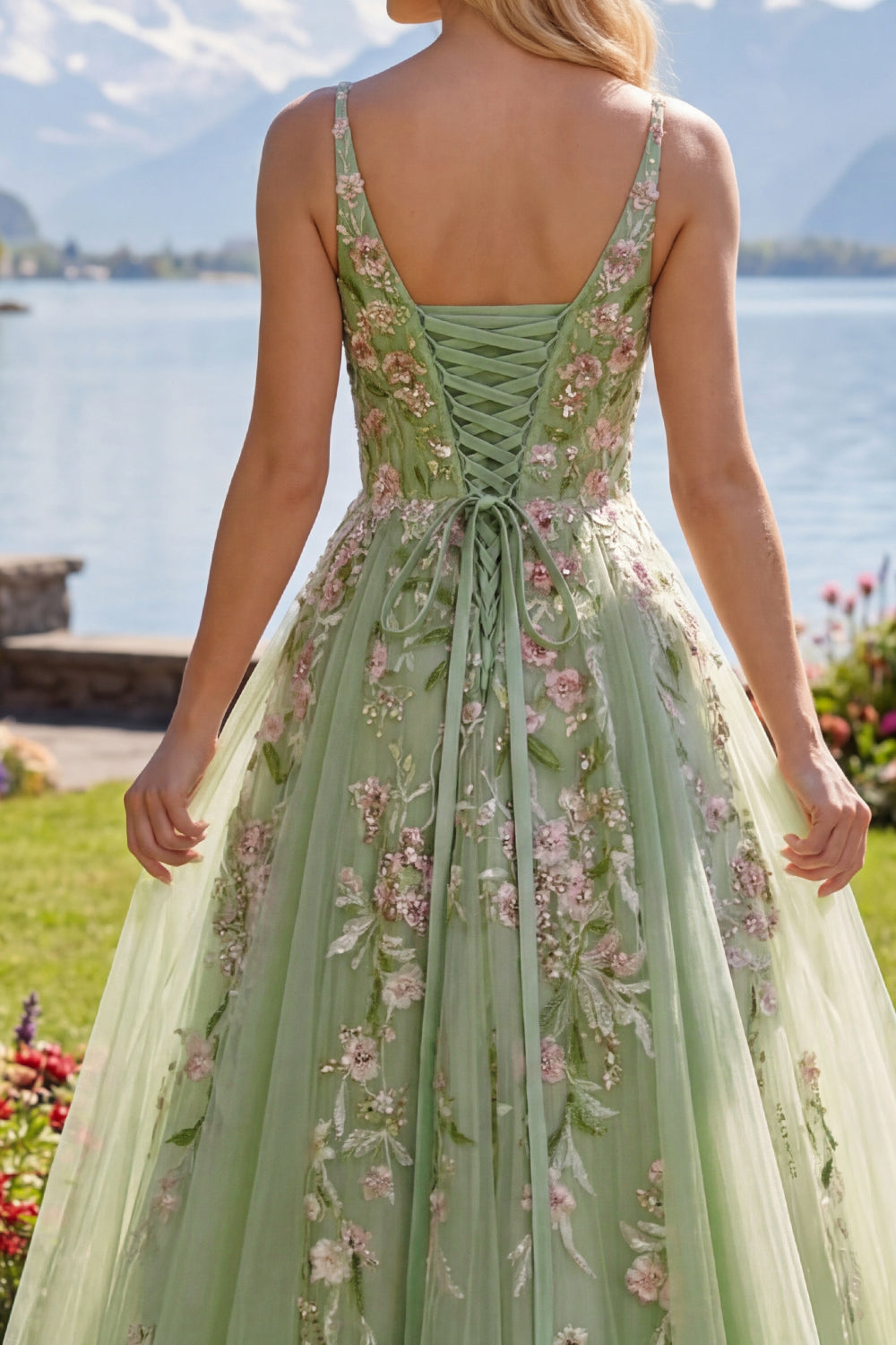 Ruched V-Neck Floral Green Long A Line Prom Dress with Beading