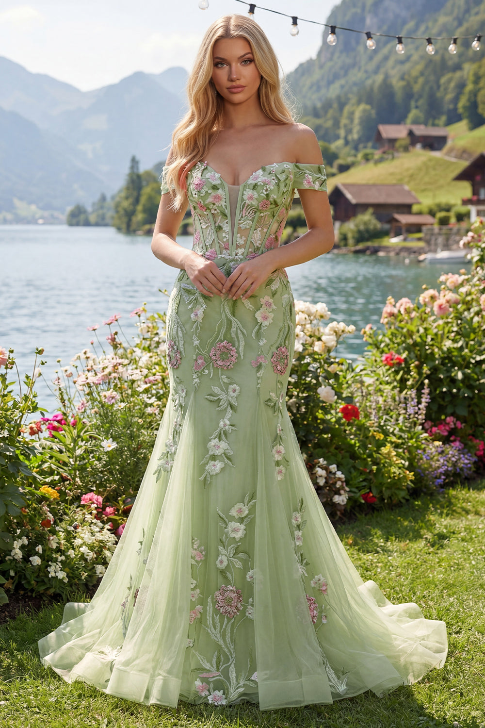 Corset Green Mermaid Long Off the Shoulder Floral Prom Dress
