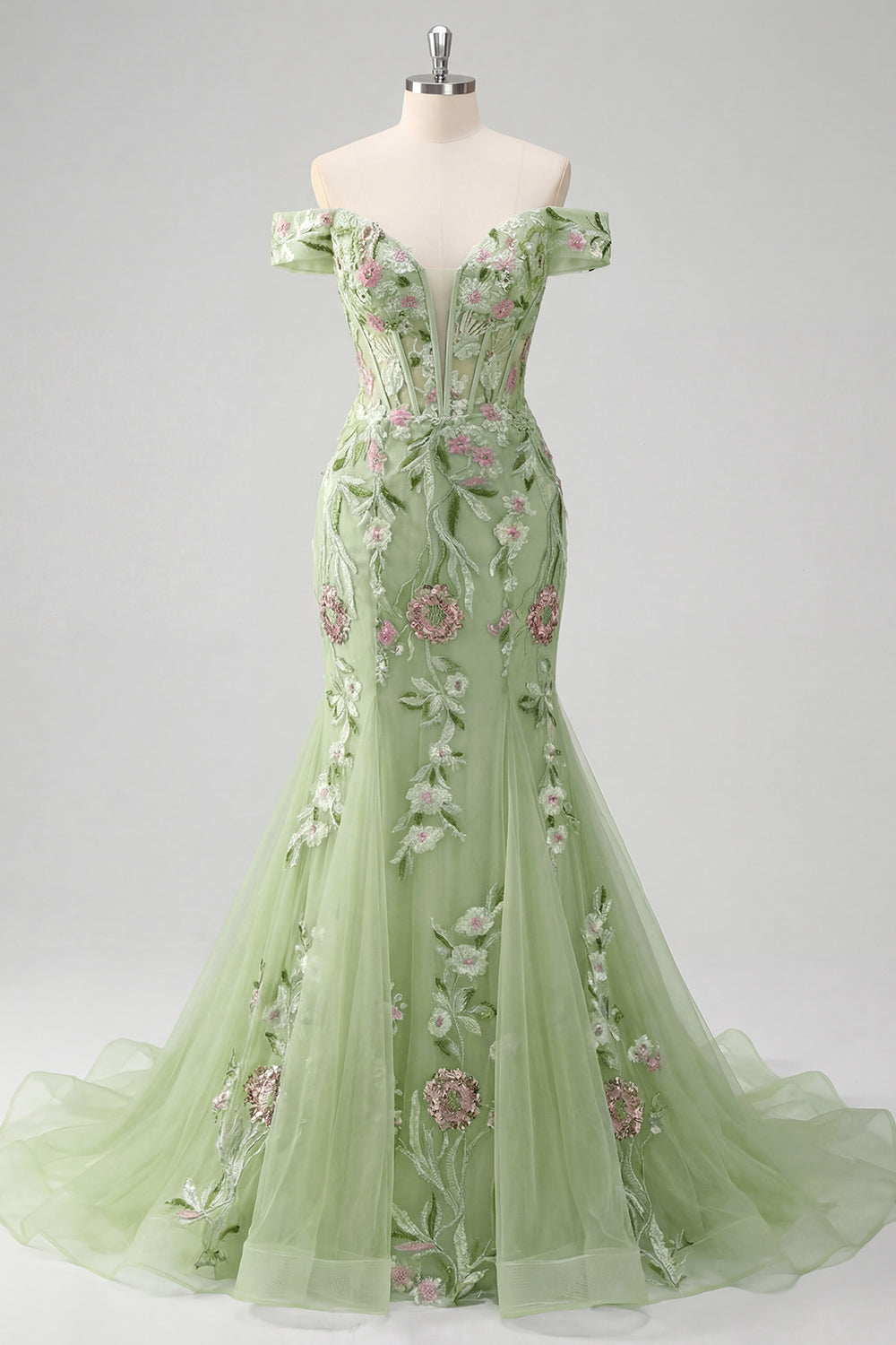 Corset Green Mermaid Long Off the Shoulder Floral Prom Dress