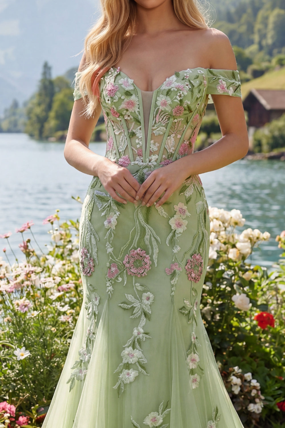Corset Green Mermaid Long Off the Shoulder Floral Prom Dress