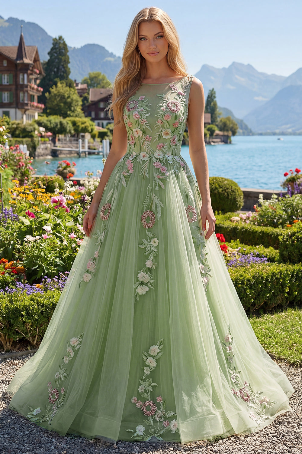 Green Long Boat Neck A Line Floral Prom Dress