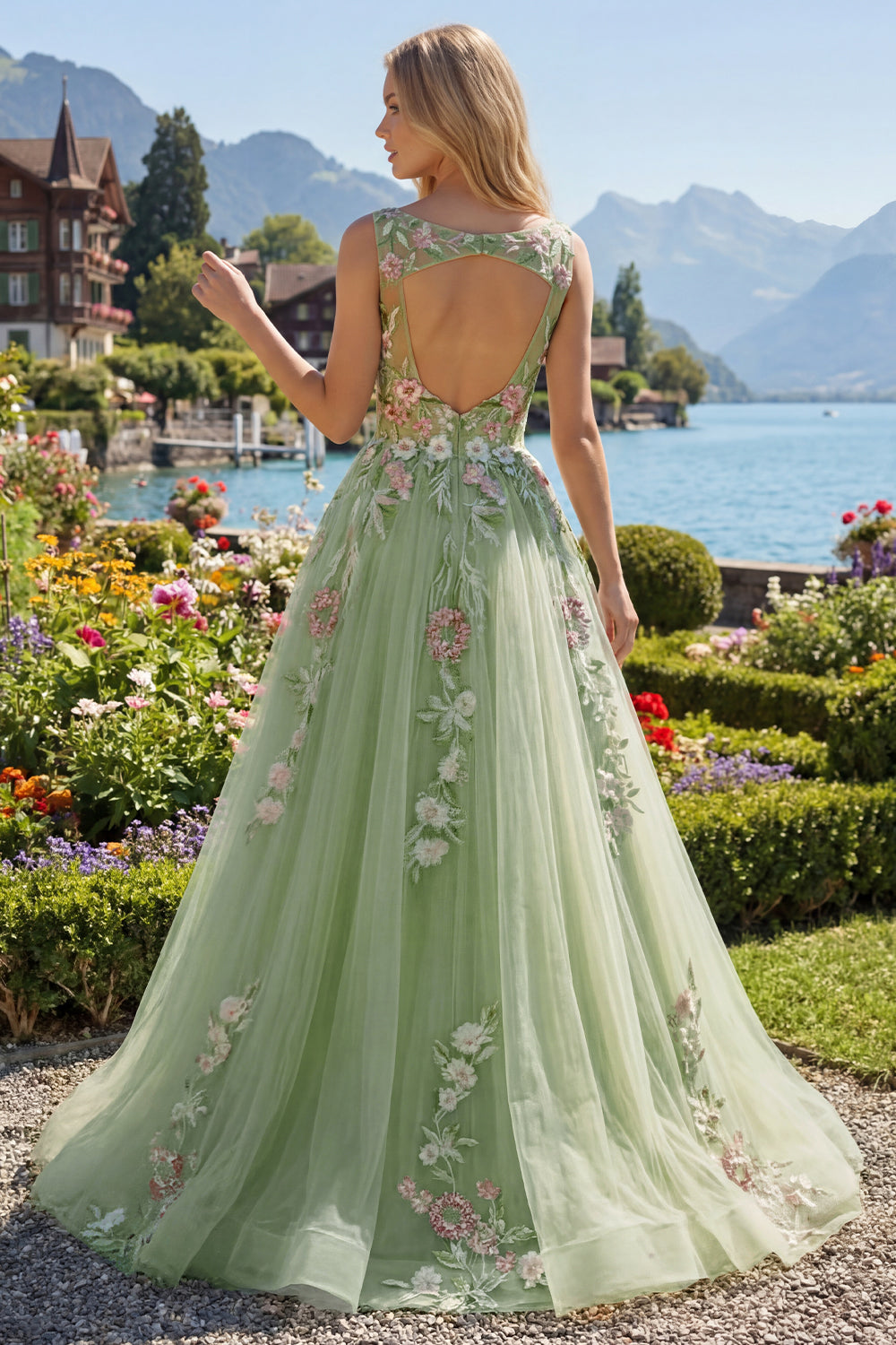Green Long Boat Neck A Line Floral Prom Dress
