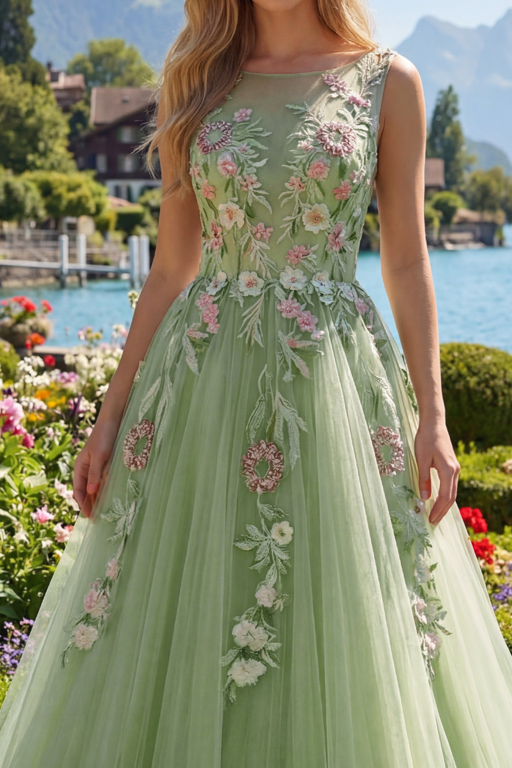 Green Long Boat Neck A Line Floral Prom Dress