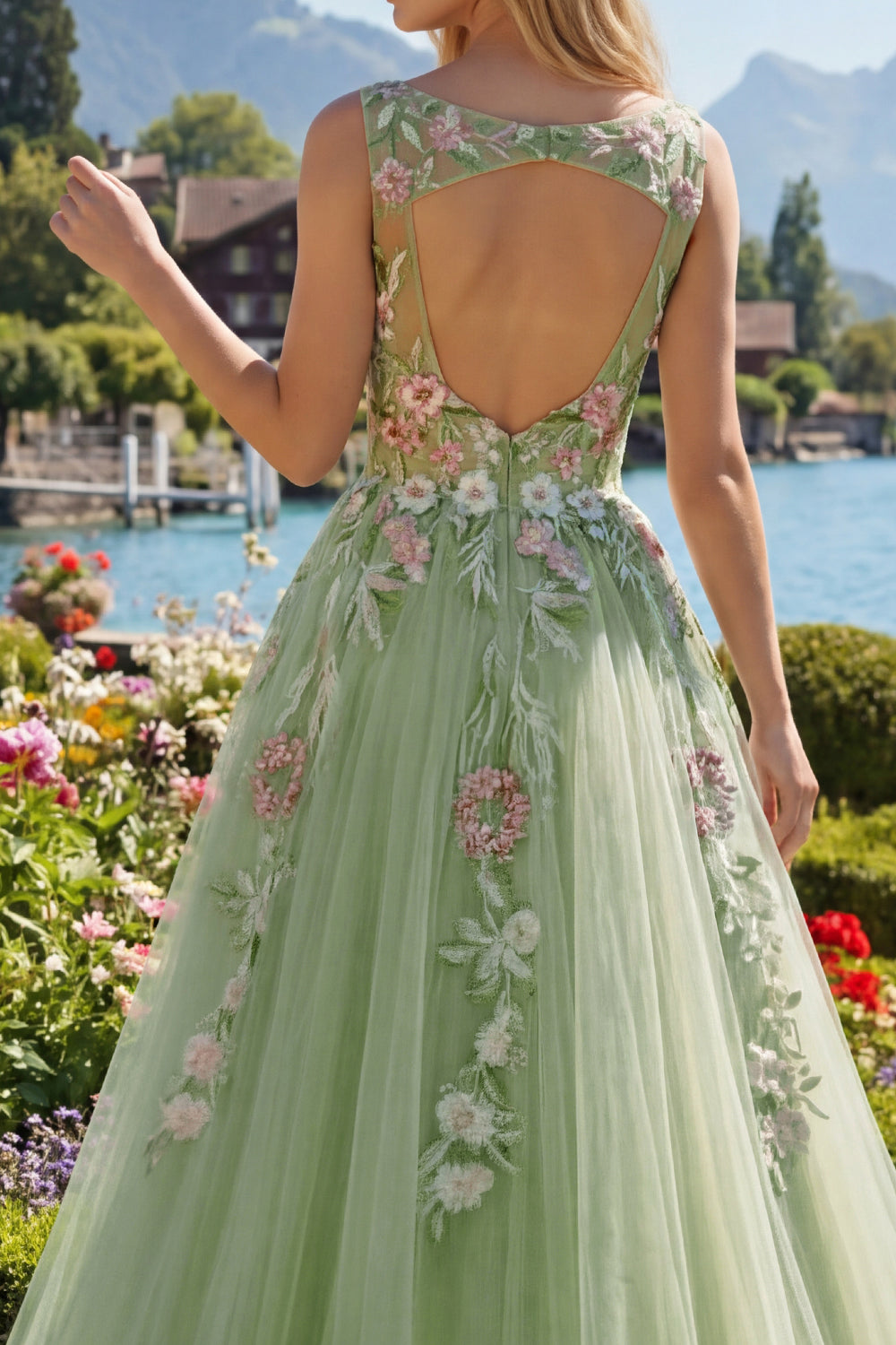 Green Long Boat Neck A Line Floral Prom Dress