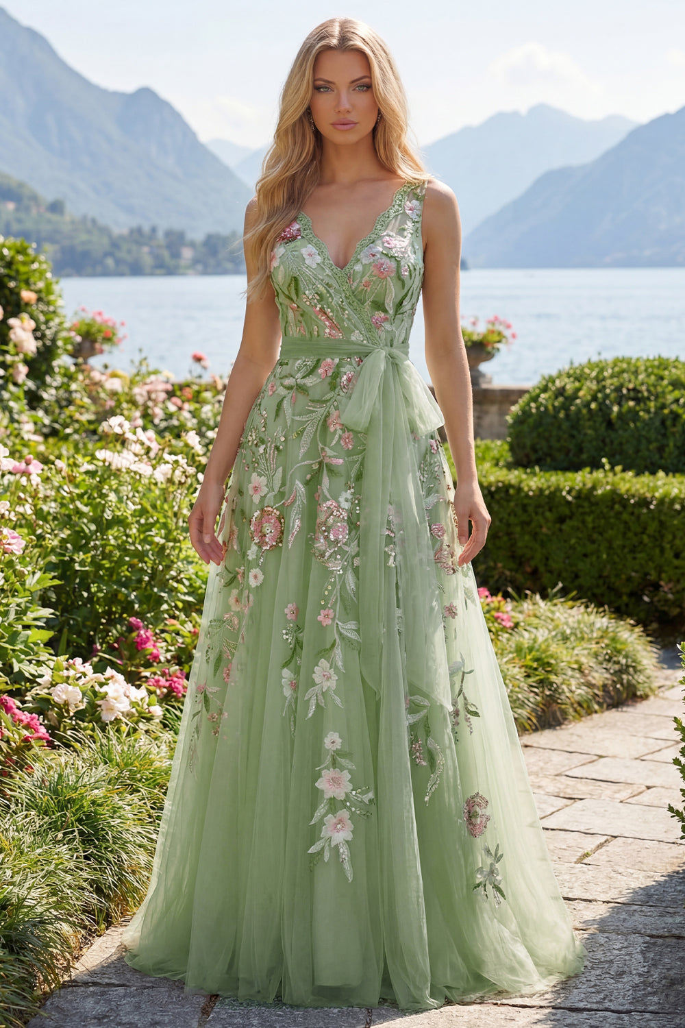 A Line Floral Beaded V-Neck Green Long Prom Dress with Appliques