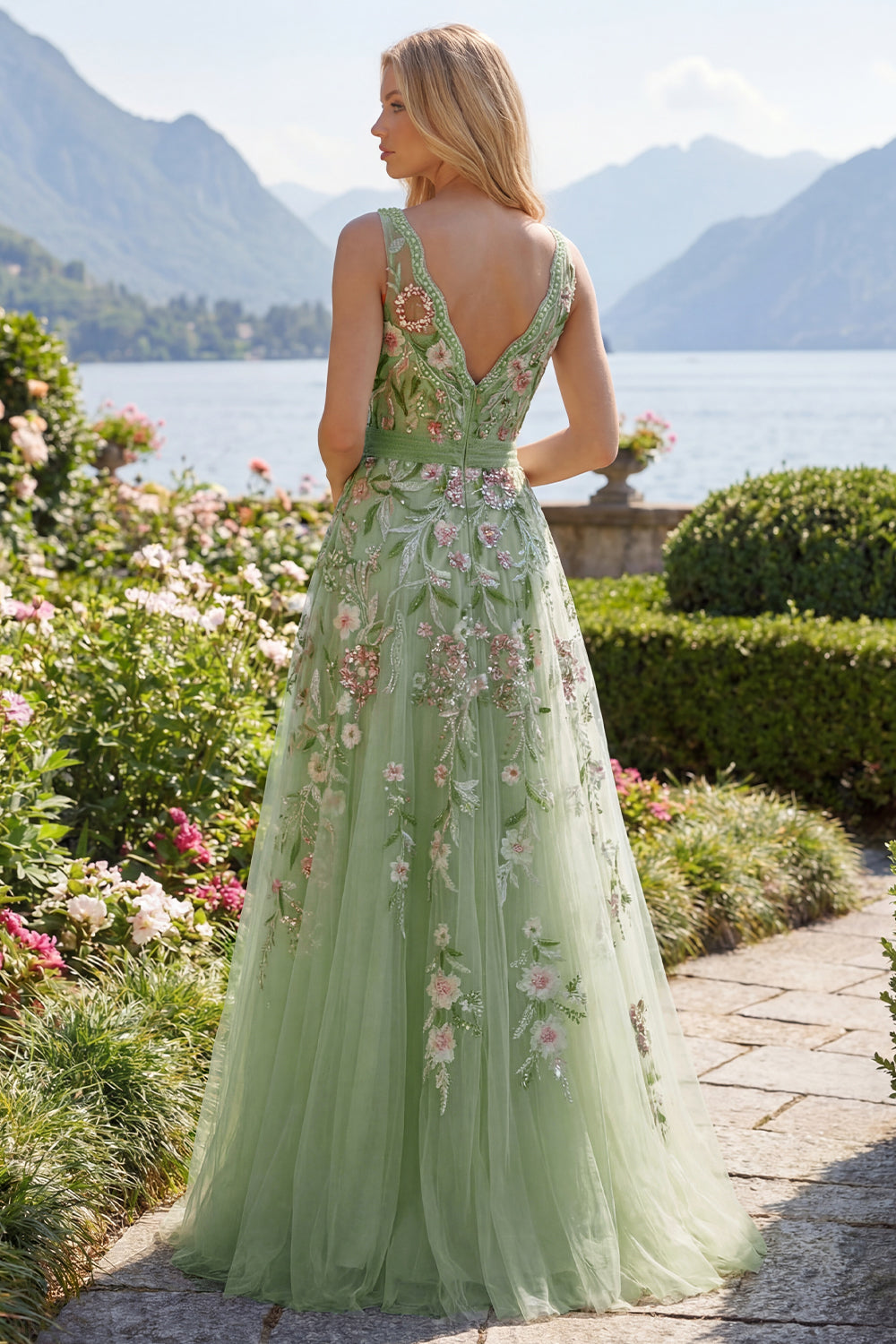 A Line Floral Beaded V-Neck Green Long Prom Dress with Appliques