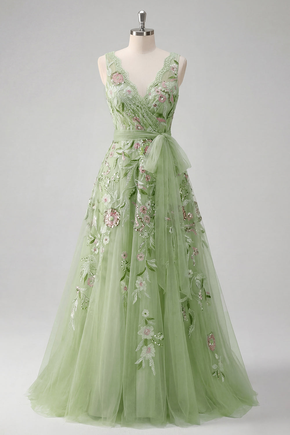 A Line Floral Beaded V-Neck Green Long Prom Dress with Appliques