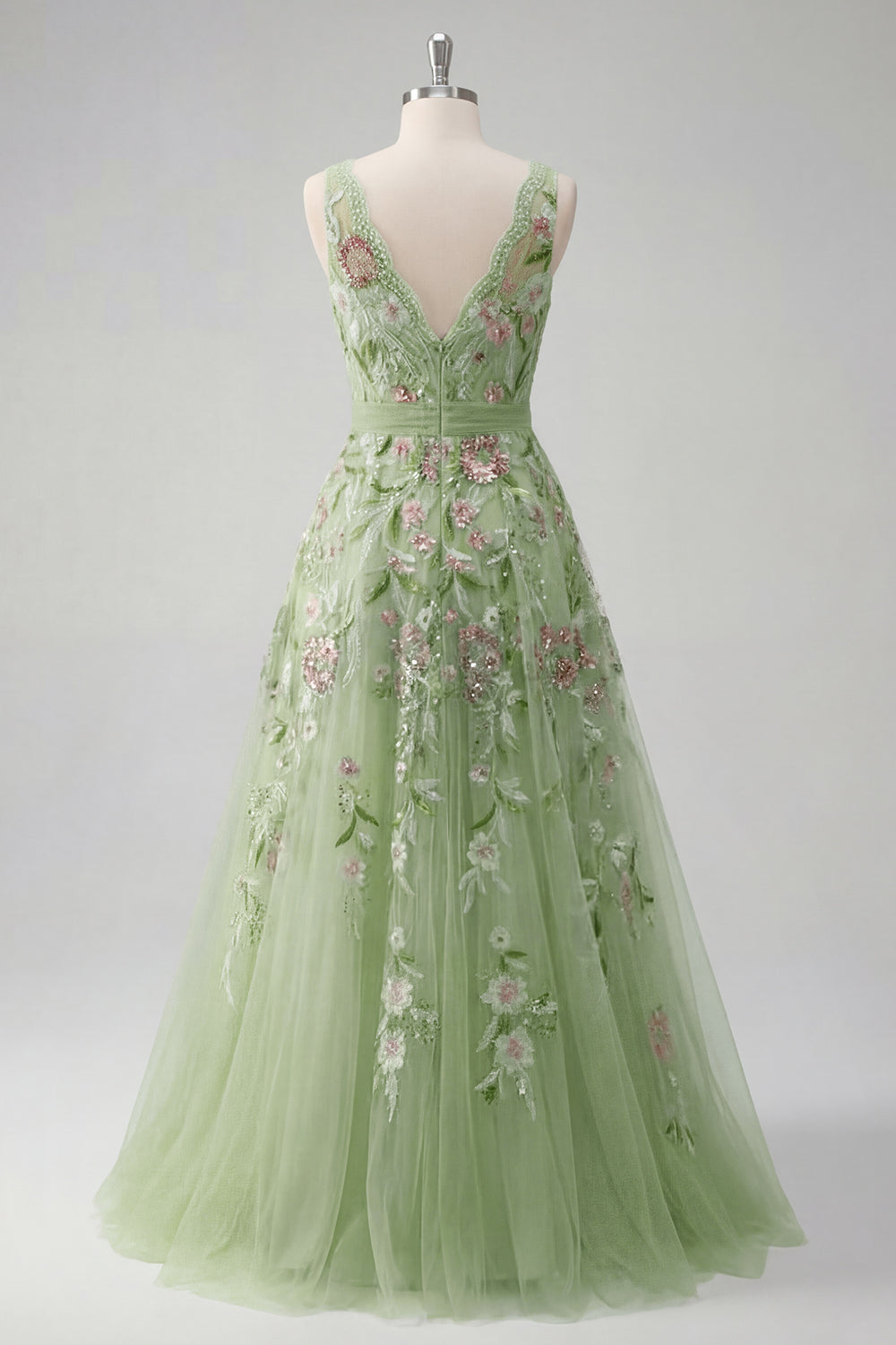 A Line Floral Beaded V-Neck Green Long Prom Dress with Appliques