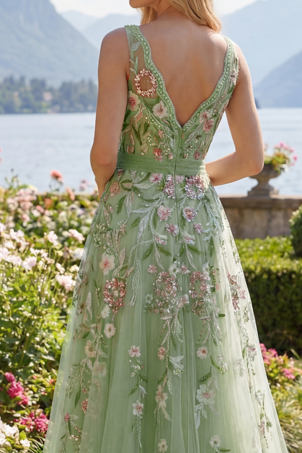 A Line Floral Beaded V-Neck Green Long Prom Dress with Appliques