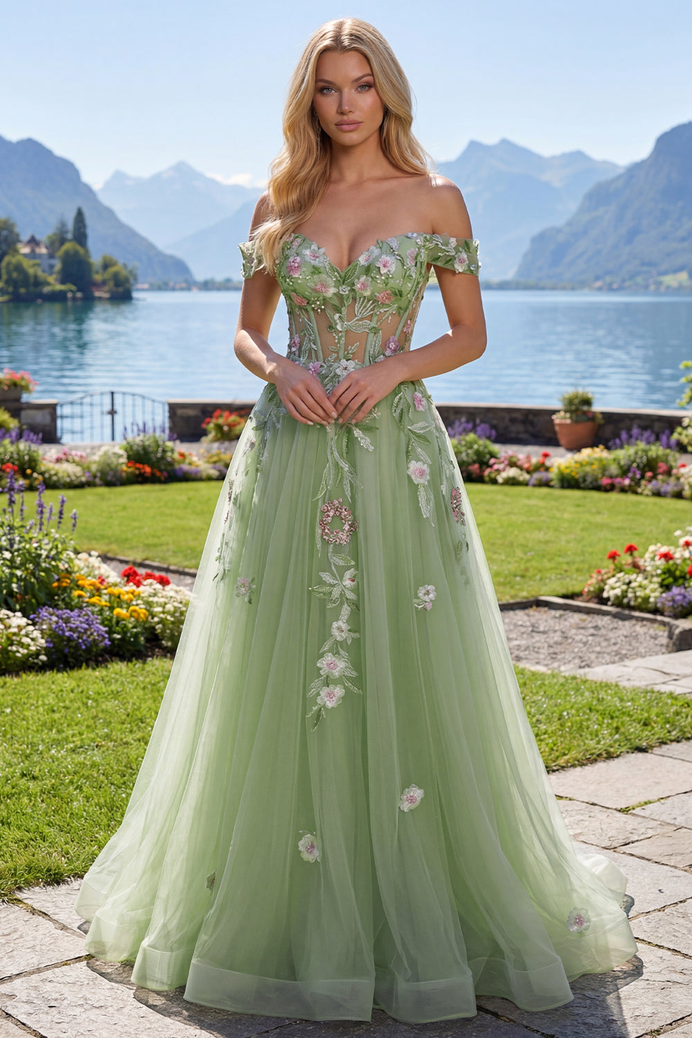 Corset Green Off the Shoulder Long A Line Floral Beaded Prom Dress