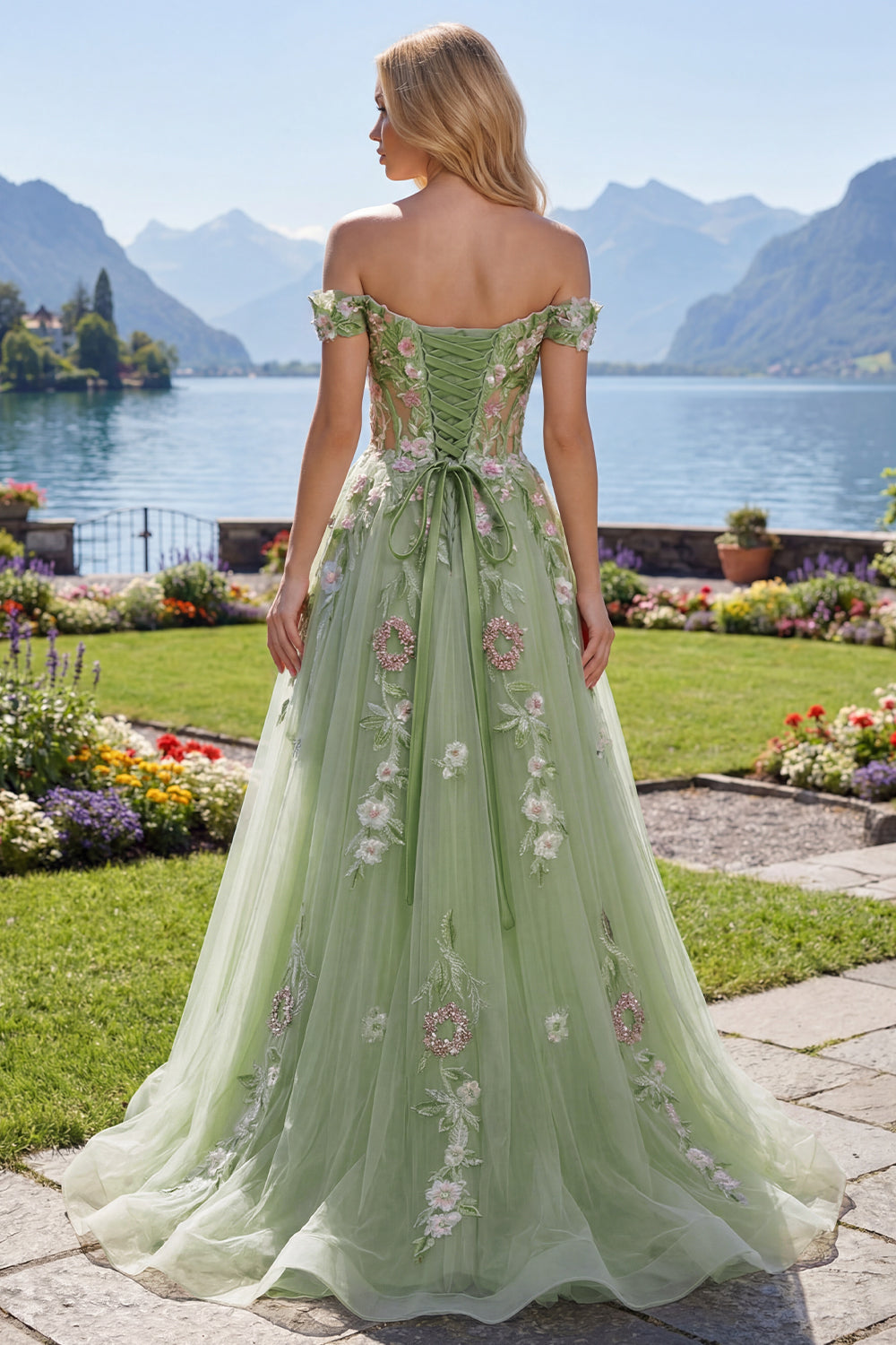 Corset Green Off the Shoulder Long A Line Floral Beaded Prom Dress