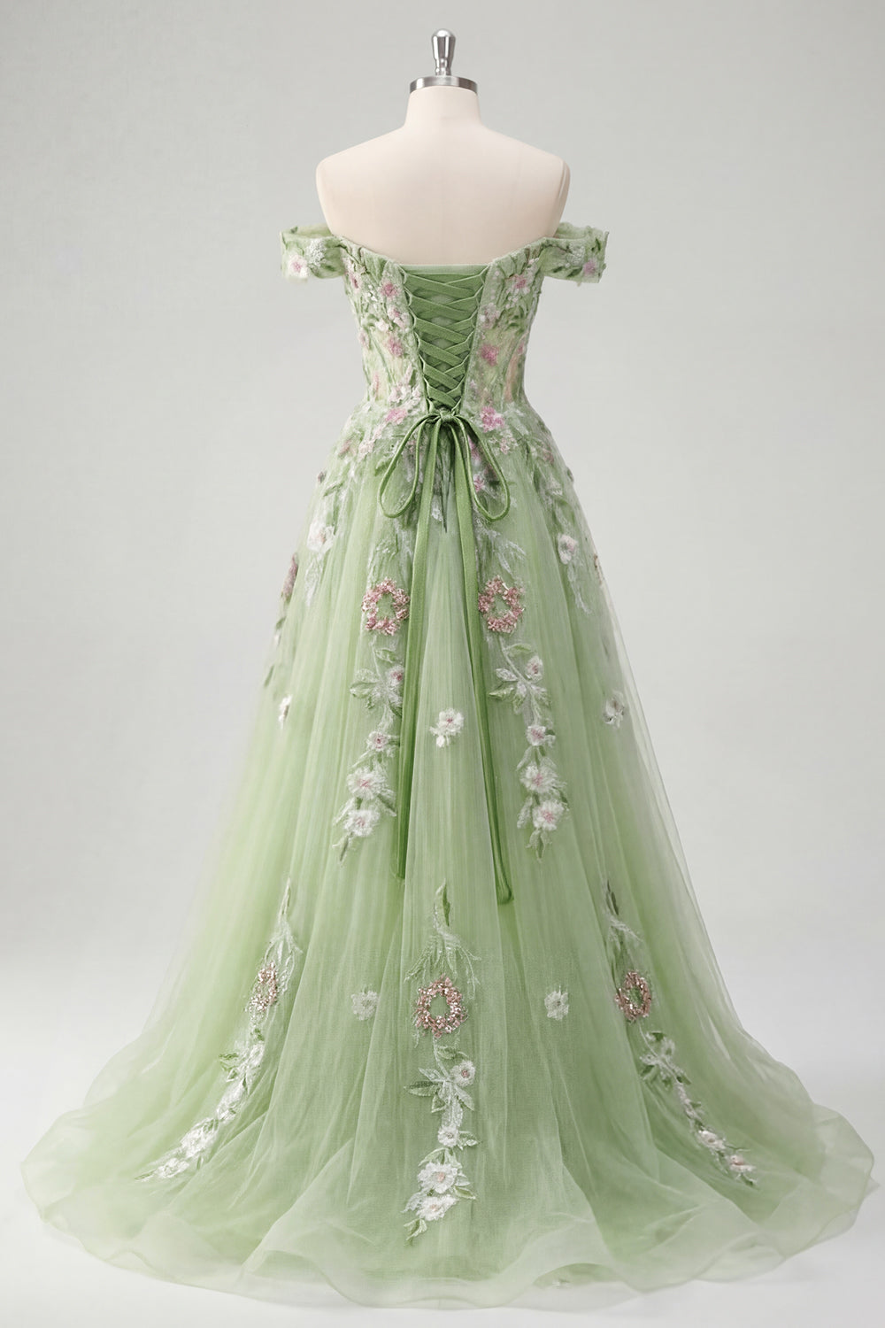 Corset Green Off the Shoulder Long A Line Floral Beaded Prom Dress