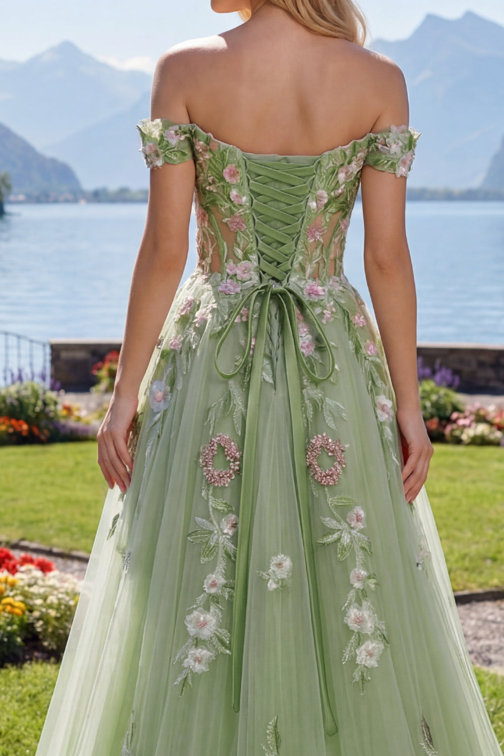 Corset Green Off the Shoulder Long A Line Floral Beaded Prom Dress