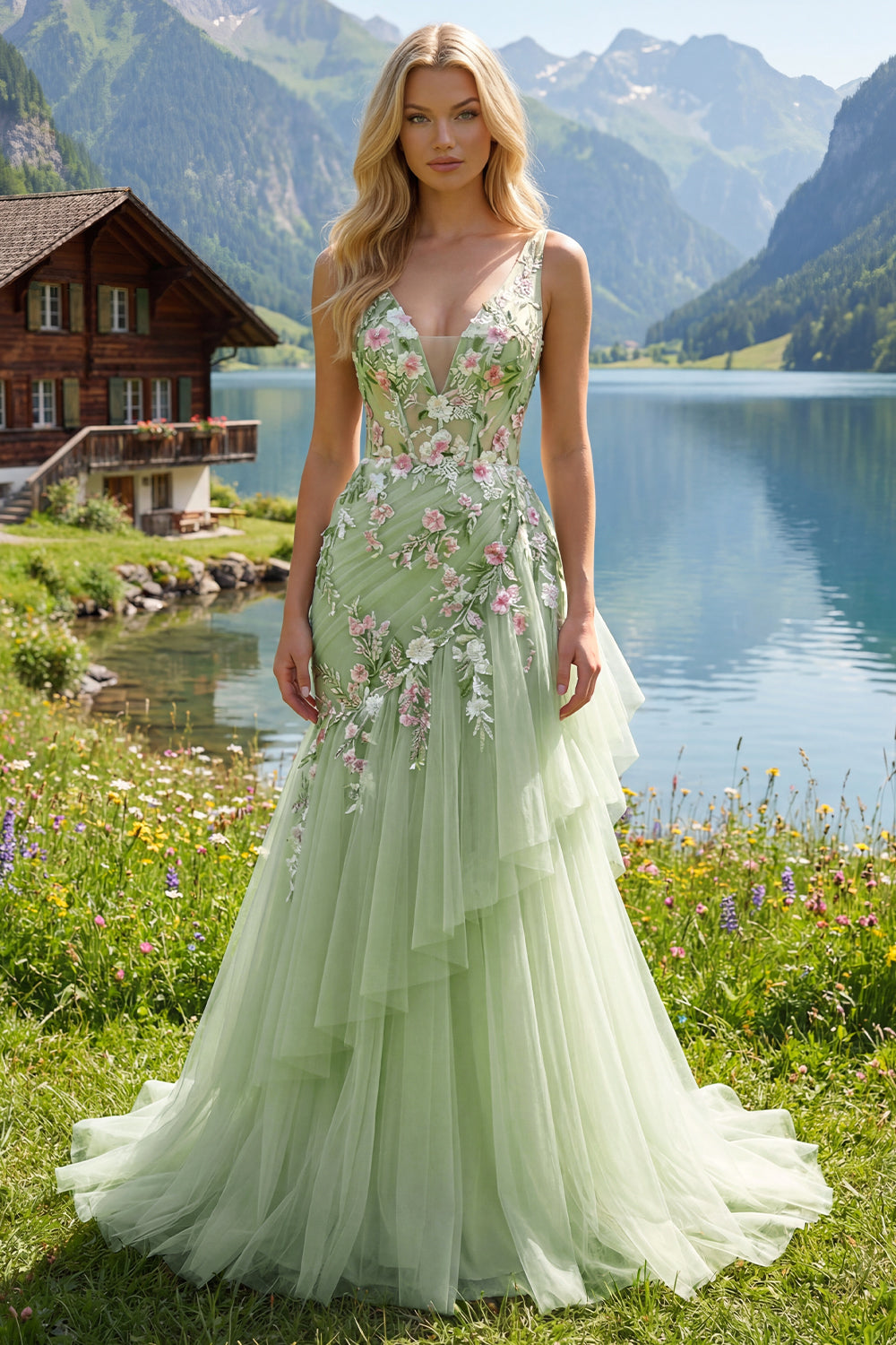 Ruched Floral Mermaid Corset Green Long V-Neck Prom Dress with Ruffles