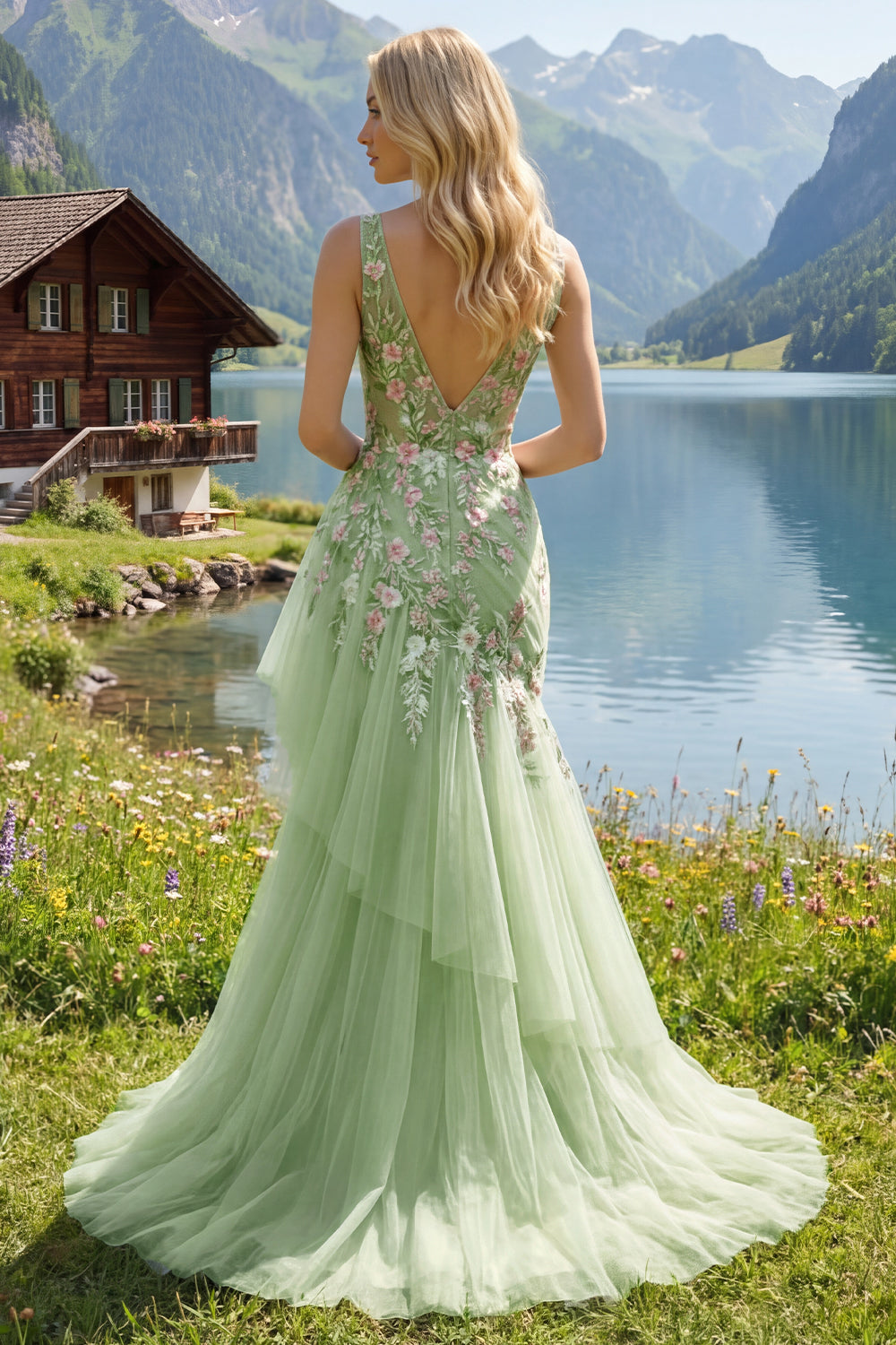 Ruched Floral Mermaid Corset Green Long V-Neck Prom Dress with Ruffles