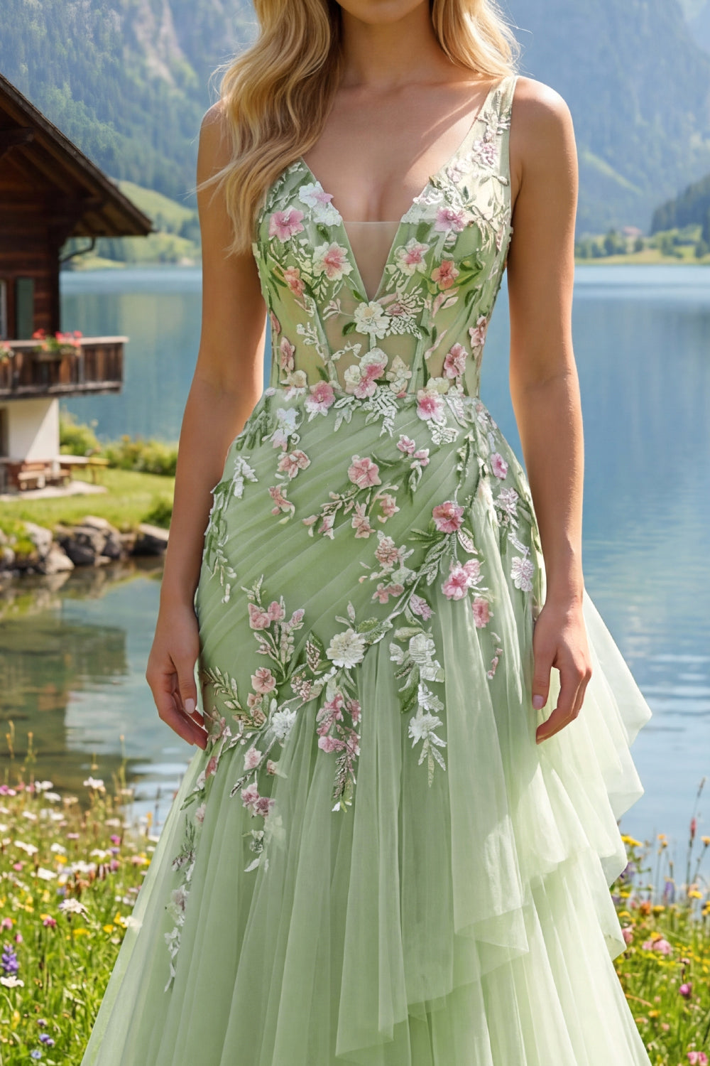 Ruched Floral Mermaid Corset Green Long V-Neck Prom Dress with Ruffles