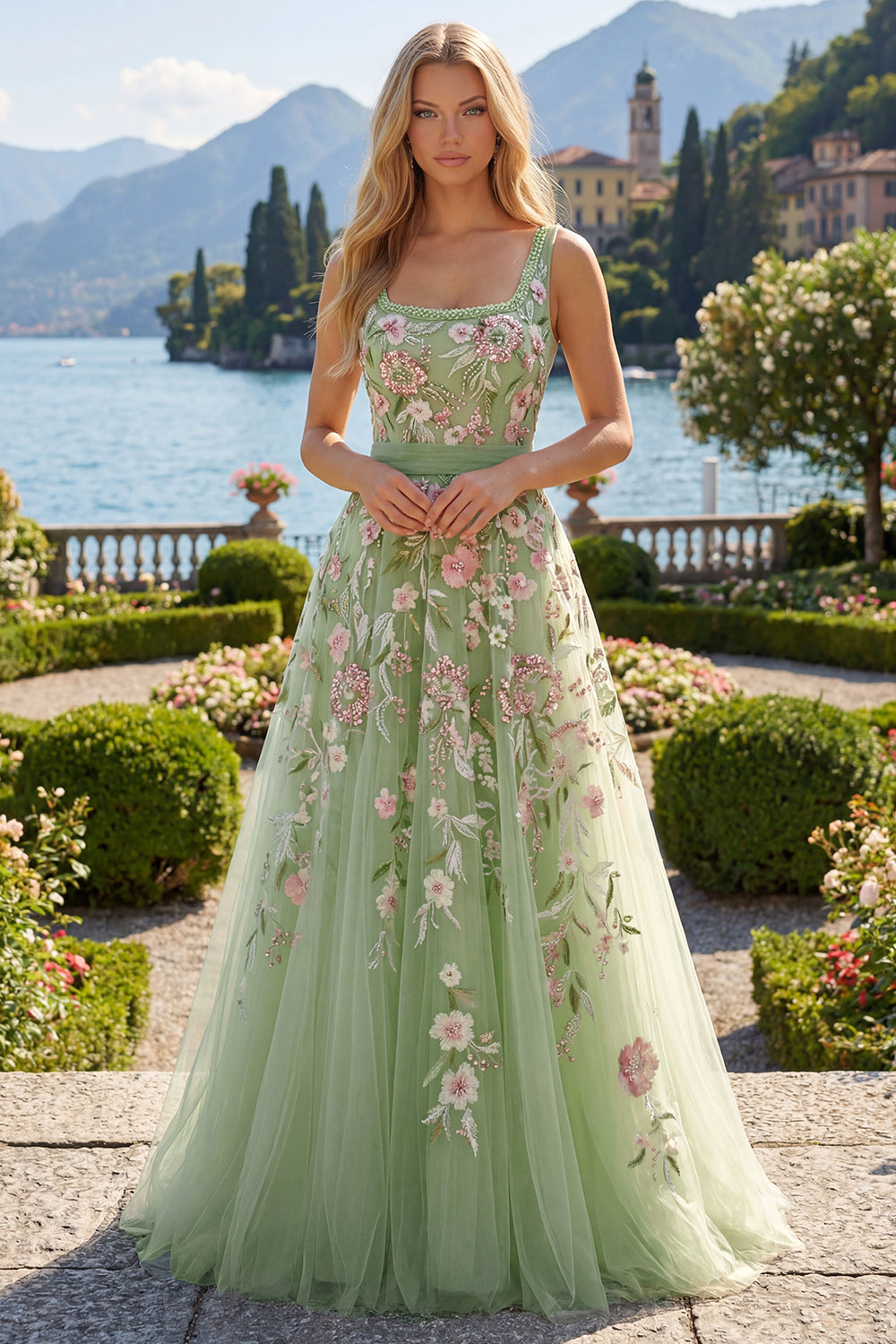 Sparkly Green Square Neck Long A Line Floral Beaded Prom Dress with Bow