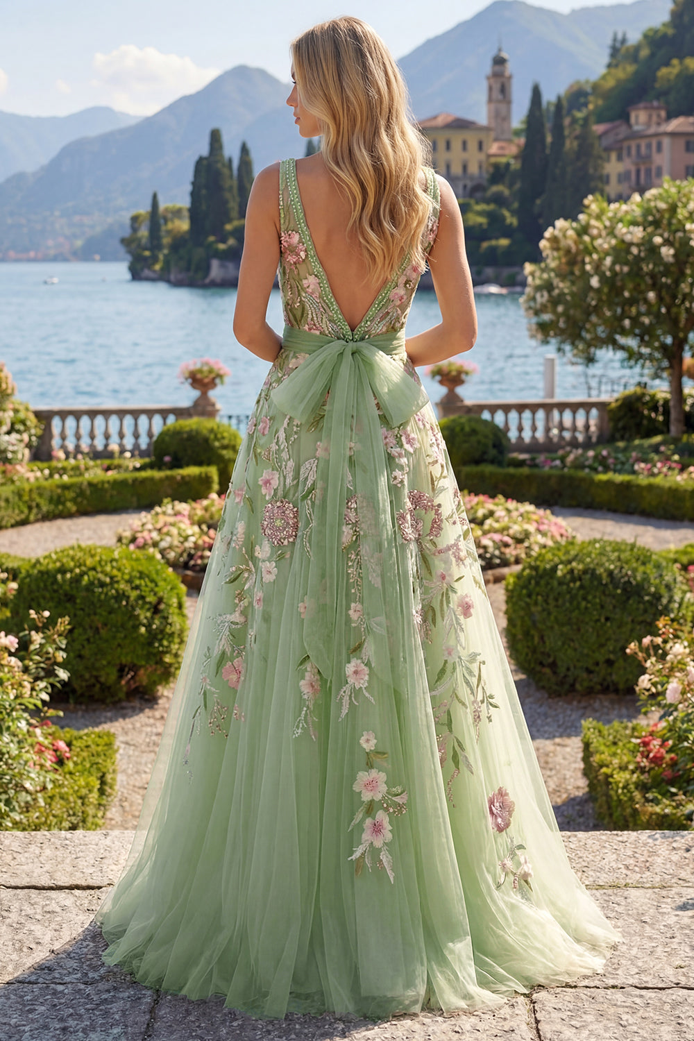 Sparkly Green Square Neck Long A Line Floral Beaded Prom Dress with Bow