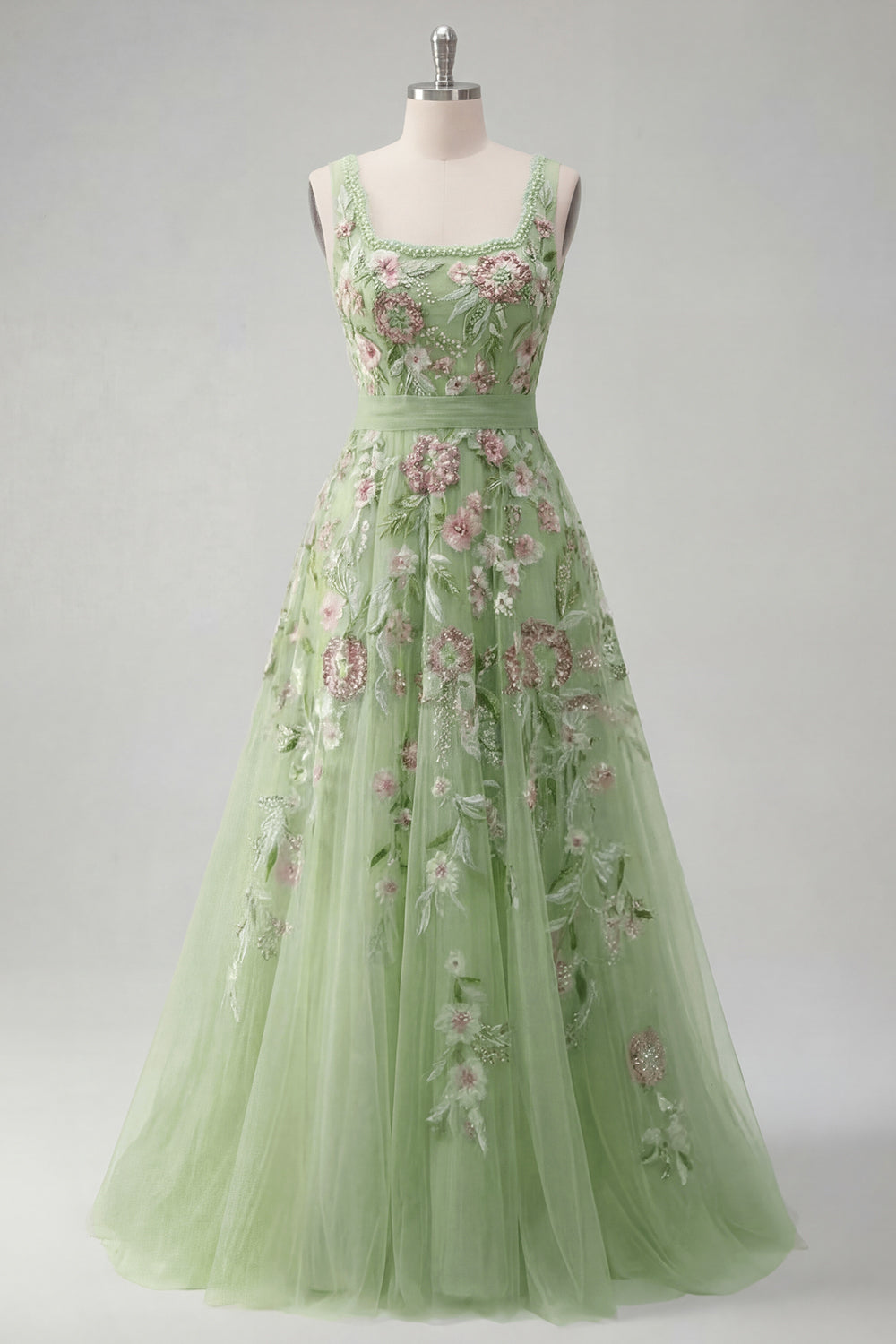 Sparkly Green Square Neck Long A Line Floral Beaded Prom Dress with Bow