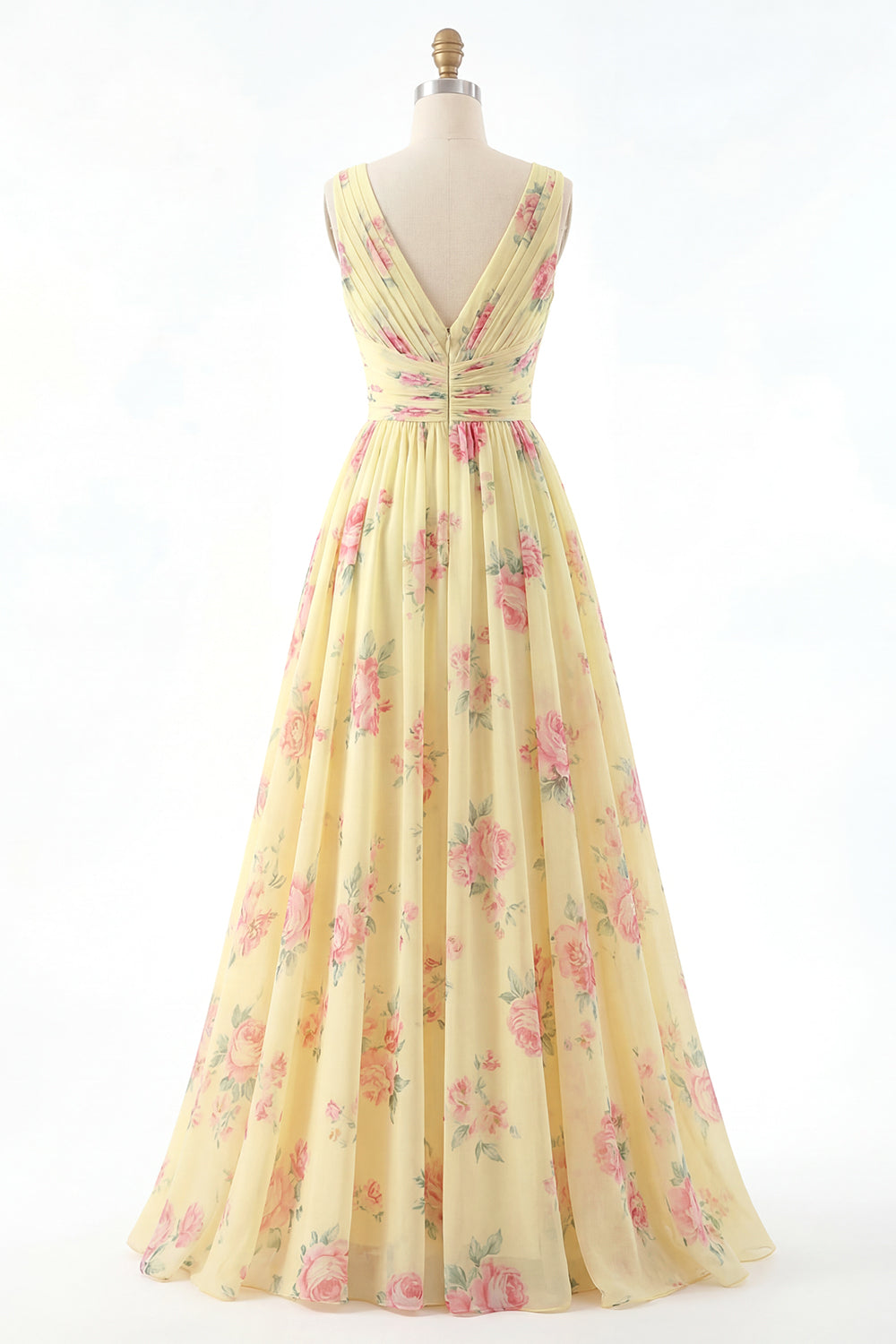 Floral V-Neck Ruched A Line Butter Yellow Prom Dress with Slit