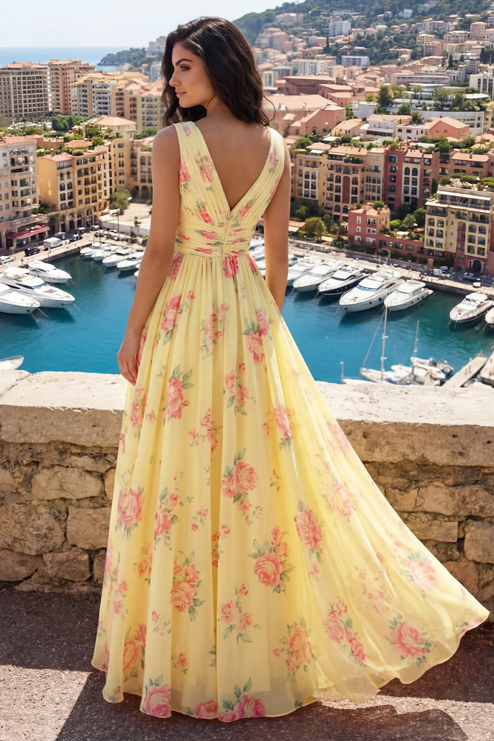 Floral V-Neck Ruched A Line Butter Yellow Prom Dress with Slit
