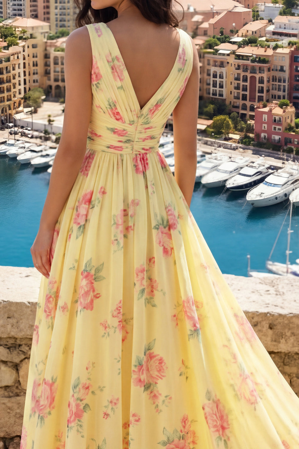 Floral V-Neck Ruched A Line Butter Yellow Prom Dress with Slit