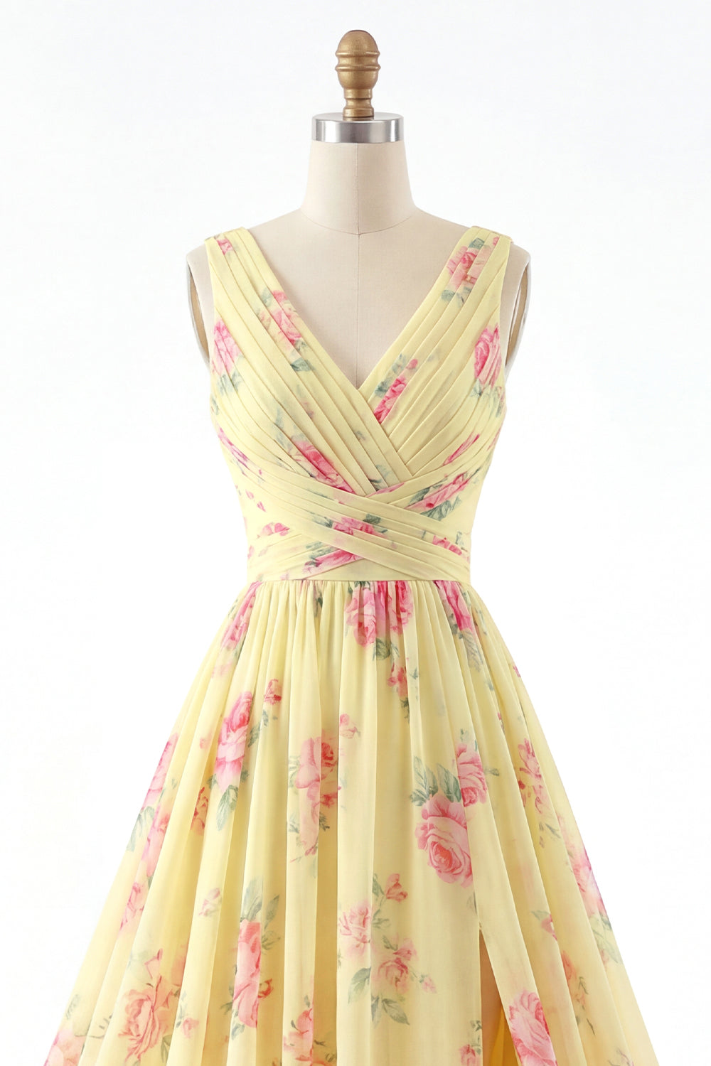 Floral V-Neck Ruched A Line Butter Yellow Prom Dress with Slit