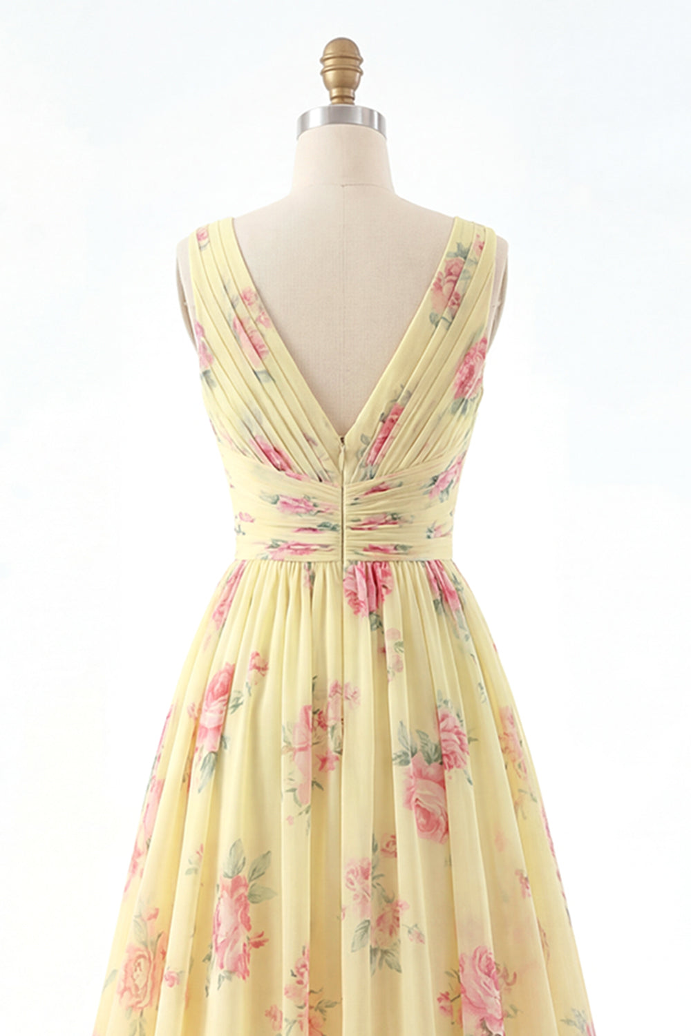 Floral V-Neck Ruched A Line Butter Yellow Prom Dress with Slit