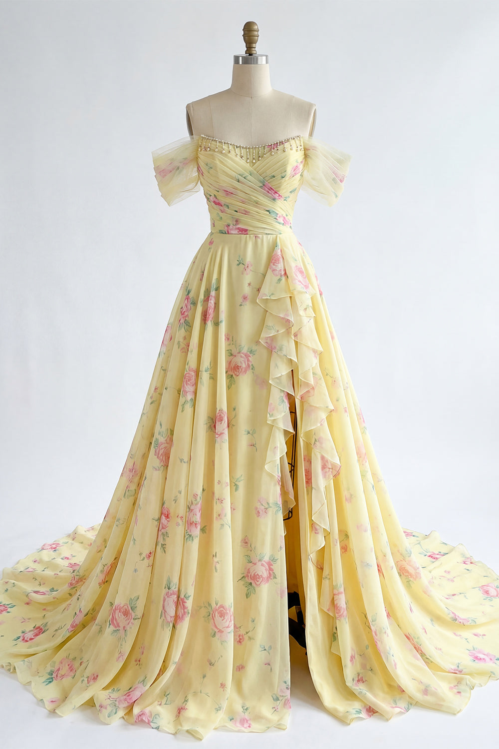 A Line Butter Yellow Ruffled Floral Beaded Prom Dress with Slit