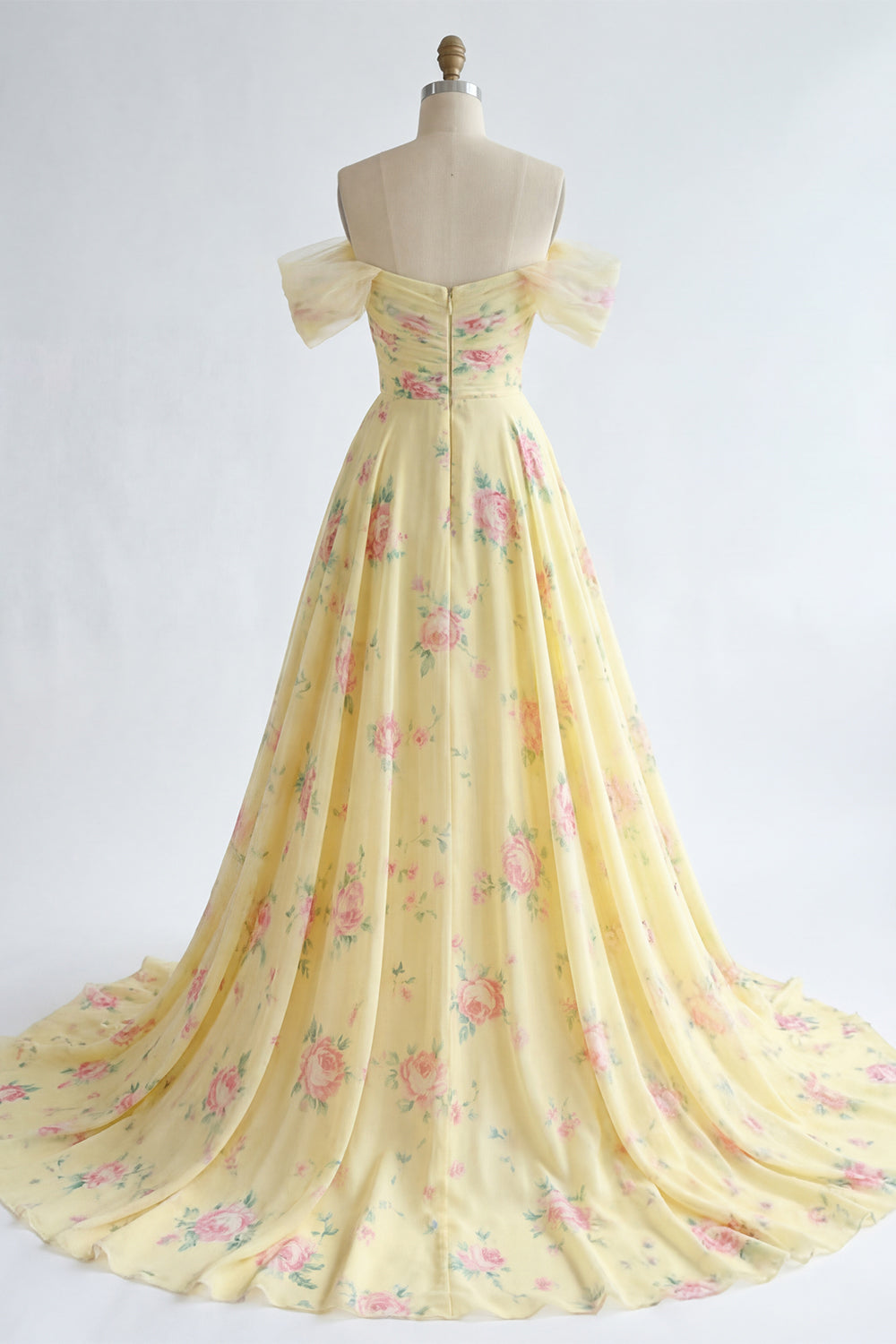 A Line Butter Yellow Ruffled Floral Beaded Prom Dress with Slit