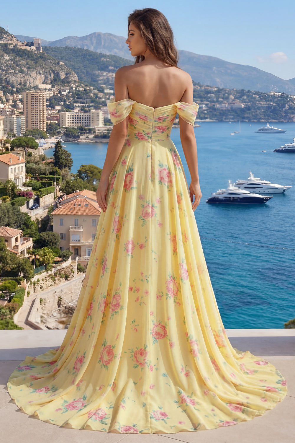 A Line Butter Yellow Ruffled Floral Beaded Prom Dress with Slit